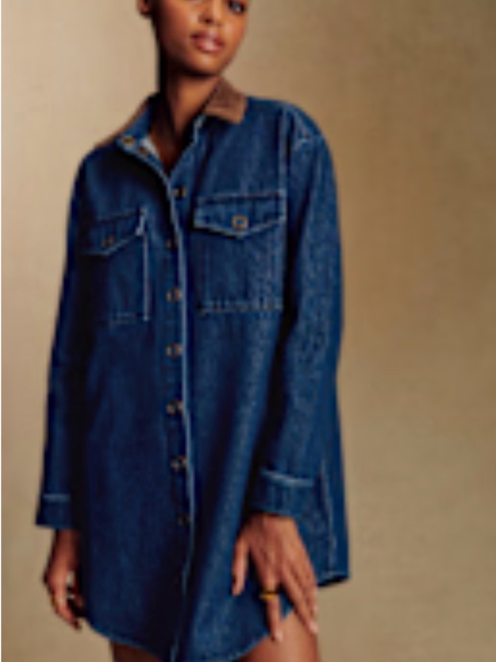 Sezane Dark Blue Denim Shacket with Tan Corduroy Collar